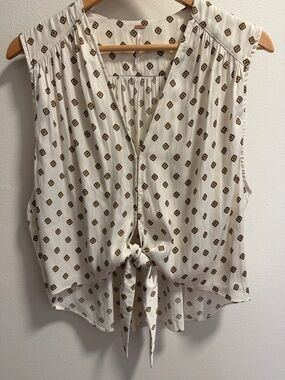 Free People Cream Sleeveless Tie-Front Blouse with Brown Geometric Print